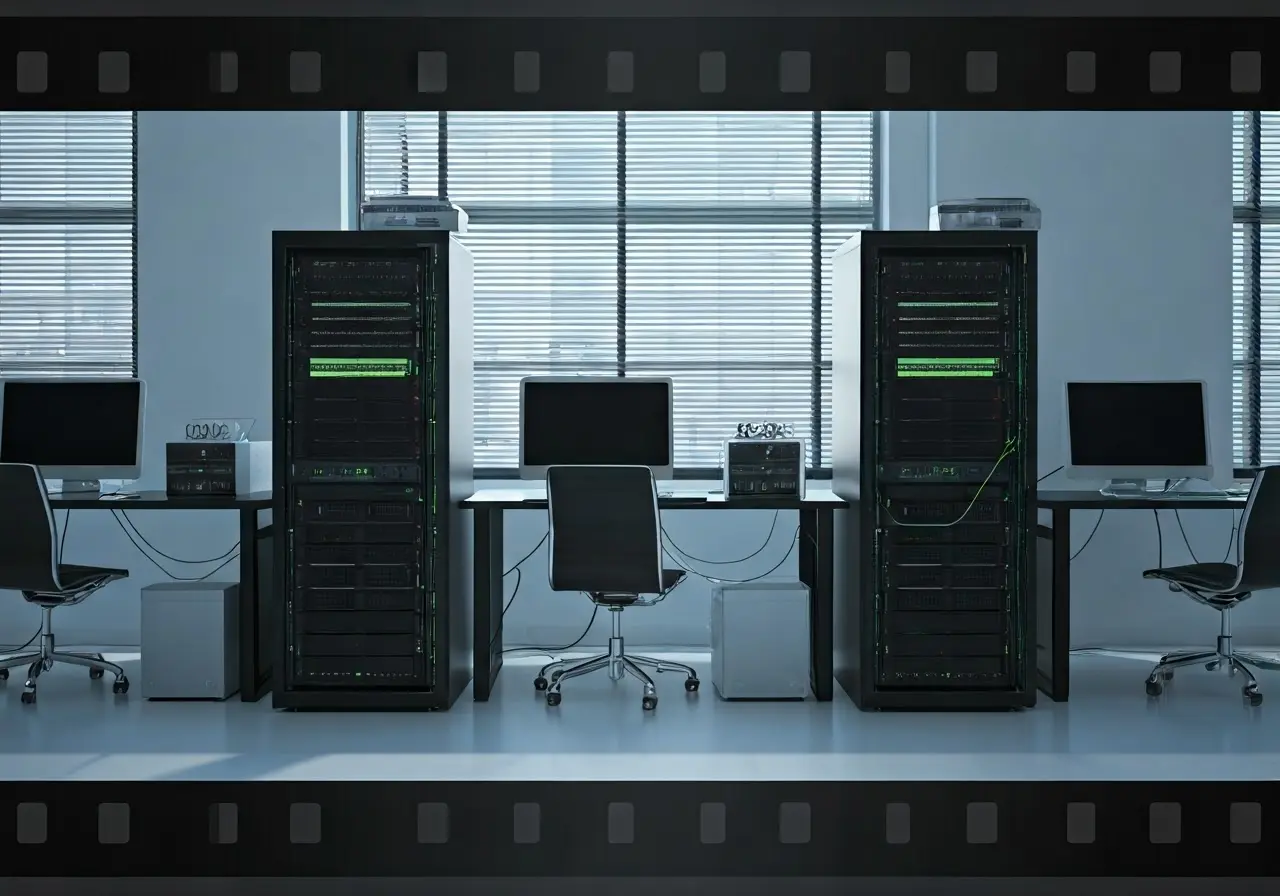 Sleek office with computers, servers, and network cables. 35mm stock photo