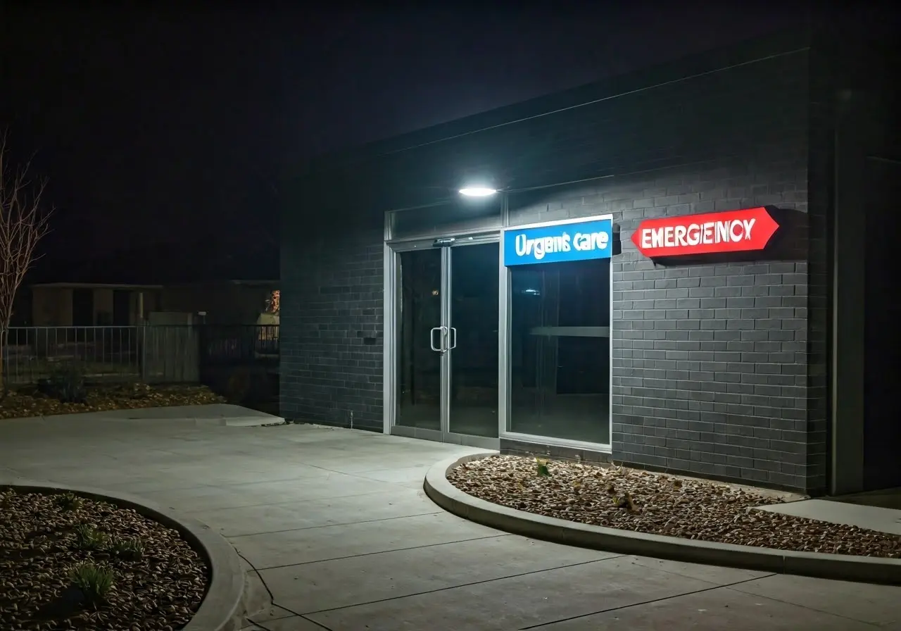 A medical clinic with directional signs separating urgent care and emergency. 35mm stock photo