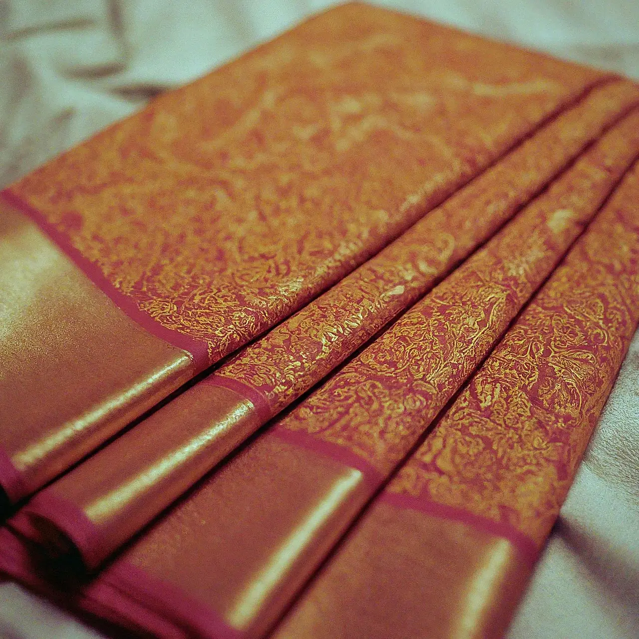 Close-up of intricate patterns on a cotton jacquard saree. 35mm stock photo