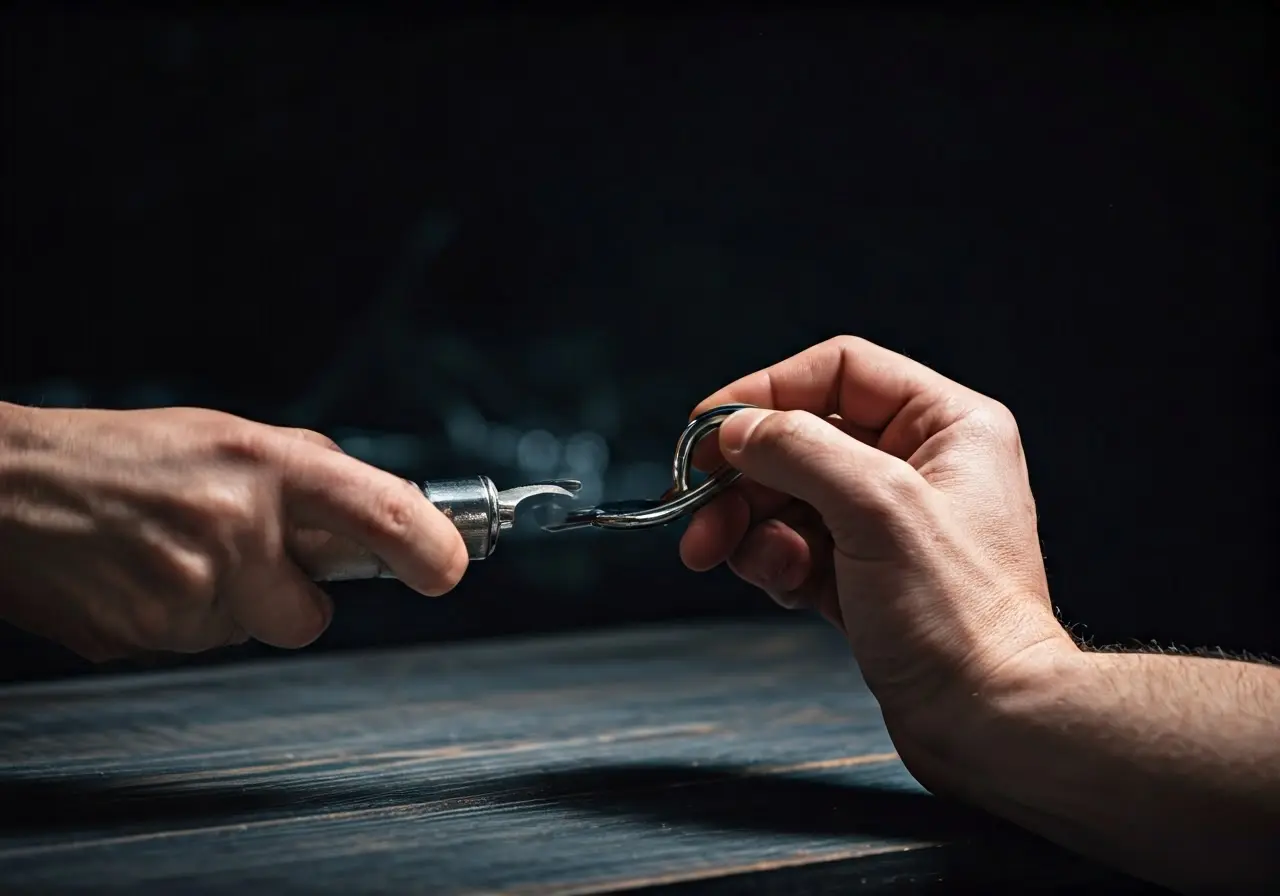 A close-up of a locksmith carefully picking a lock. 35mm stock photo