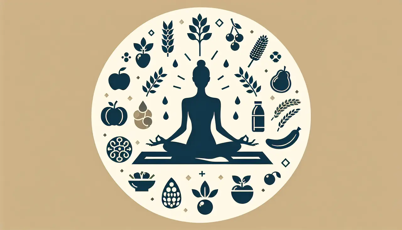 Draw a graphic in flat design style. A minimalist silhouette of a person doing yoga on a mat with abstract icons of healthy foods and water around them.