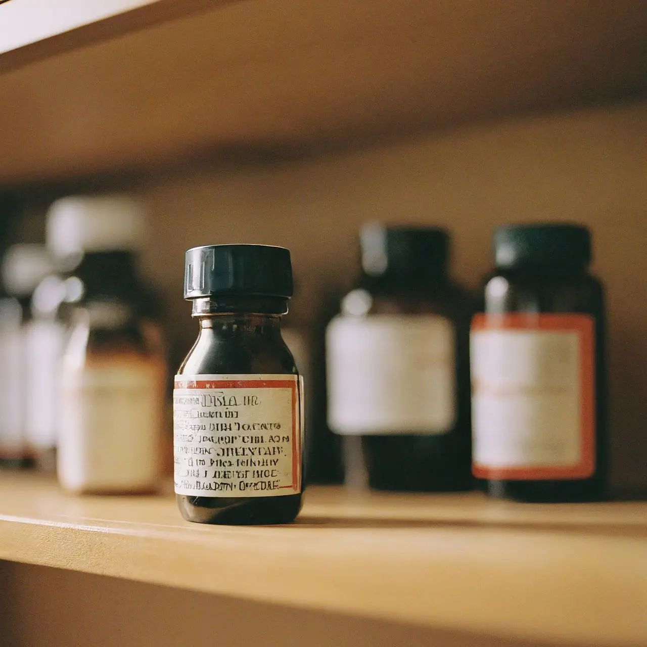 A row of labeled medication bottles on a shelf. 35mm stock photo