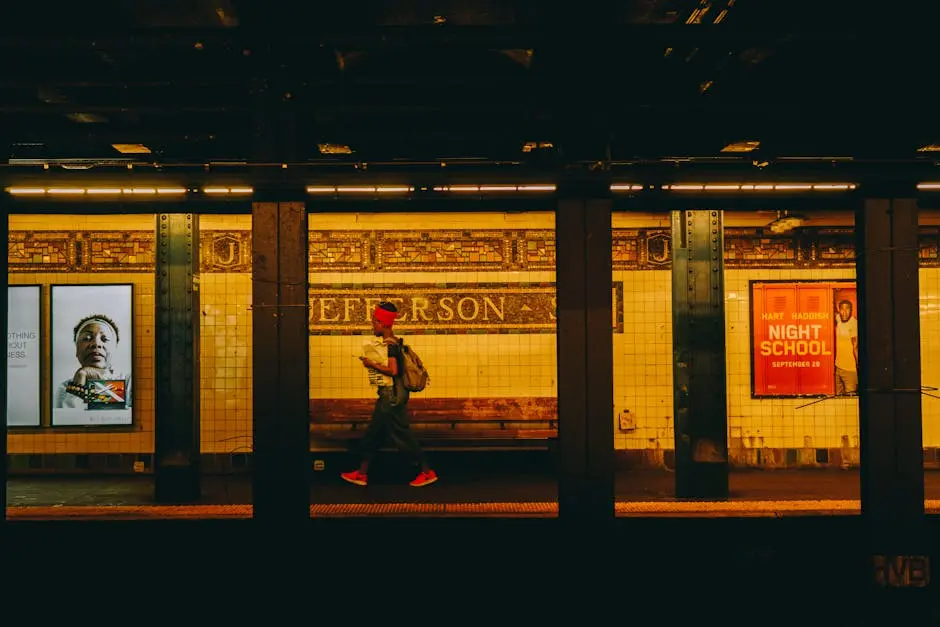 A person wearing bright sneakers walks through Jefferson subway station, capturing urban life in New York City.