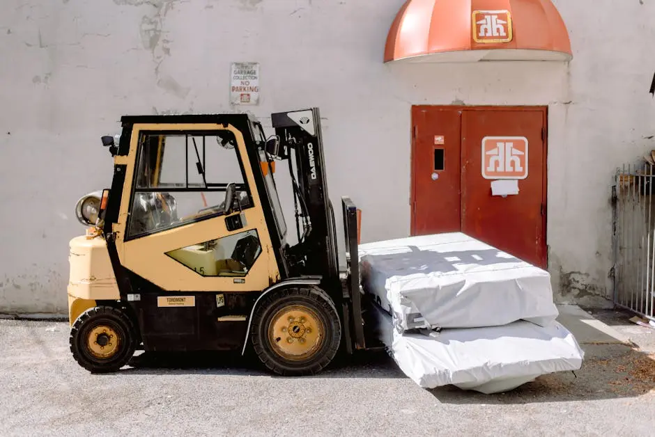 Forklift by Buildings Wall