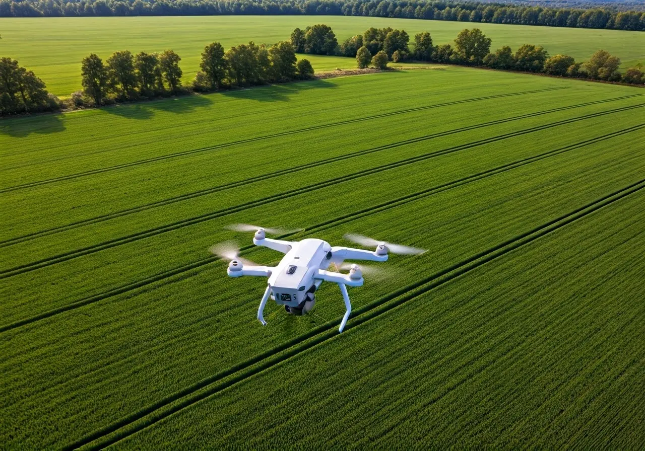 Aerial view of a drone flying over a green farm. 35mm stock photo