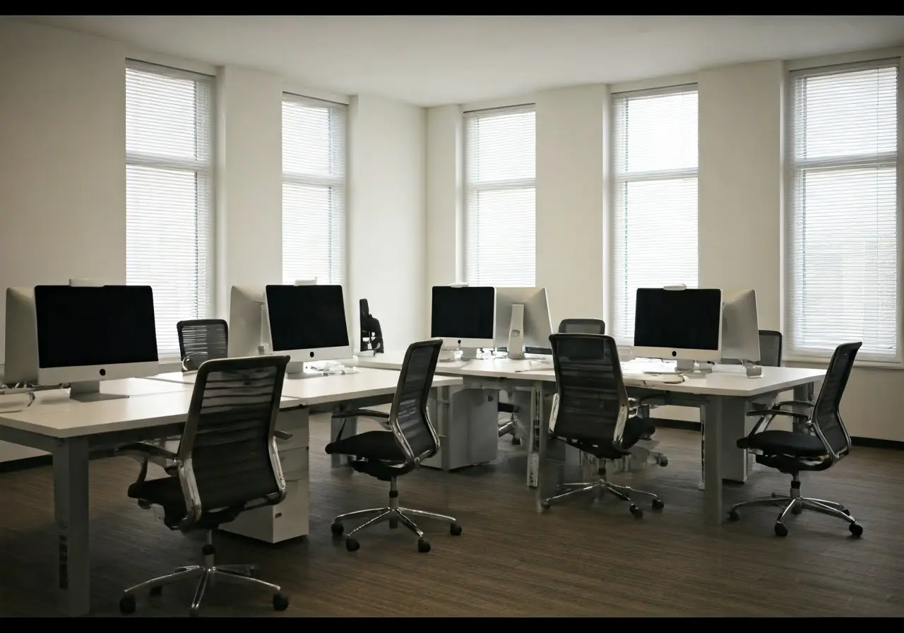 A sleek office space with multiple computer workstations. 35mm stock photo