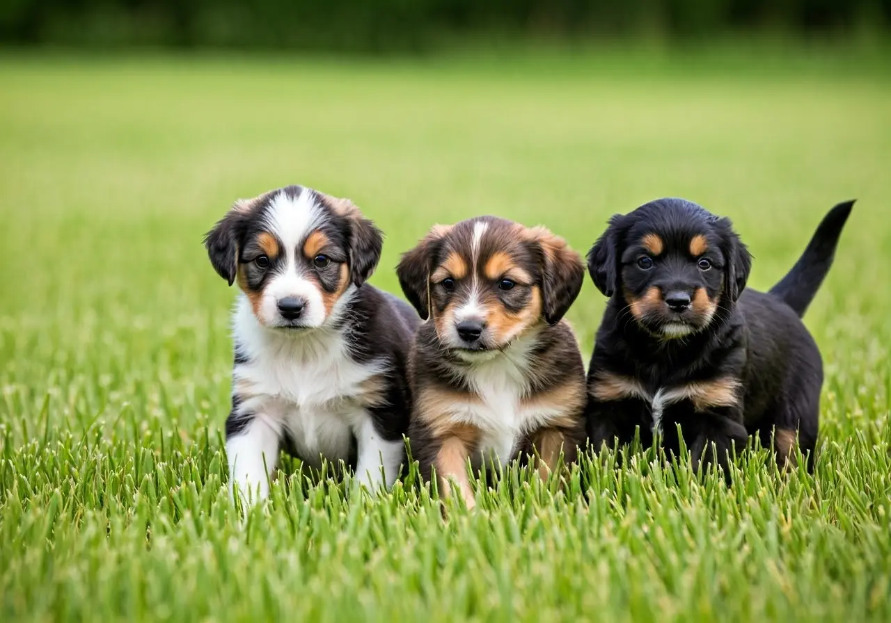 A group of puppies happily playing in a grassy field. 35mm stock photo