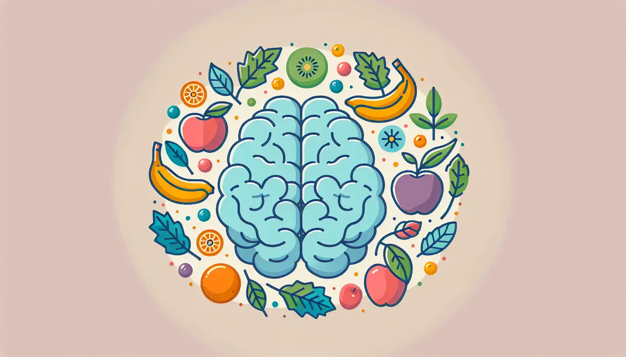 Draw a graphic in flat design style. An illustration of a human brain with leaves and fruits surrounding it.