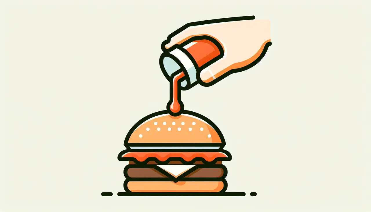 Draw a graphic in flat design style. A simple, flat design image of a hand pouring sauce over a burger with minimal background elements.