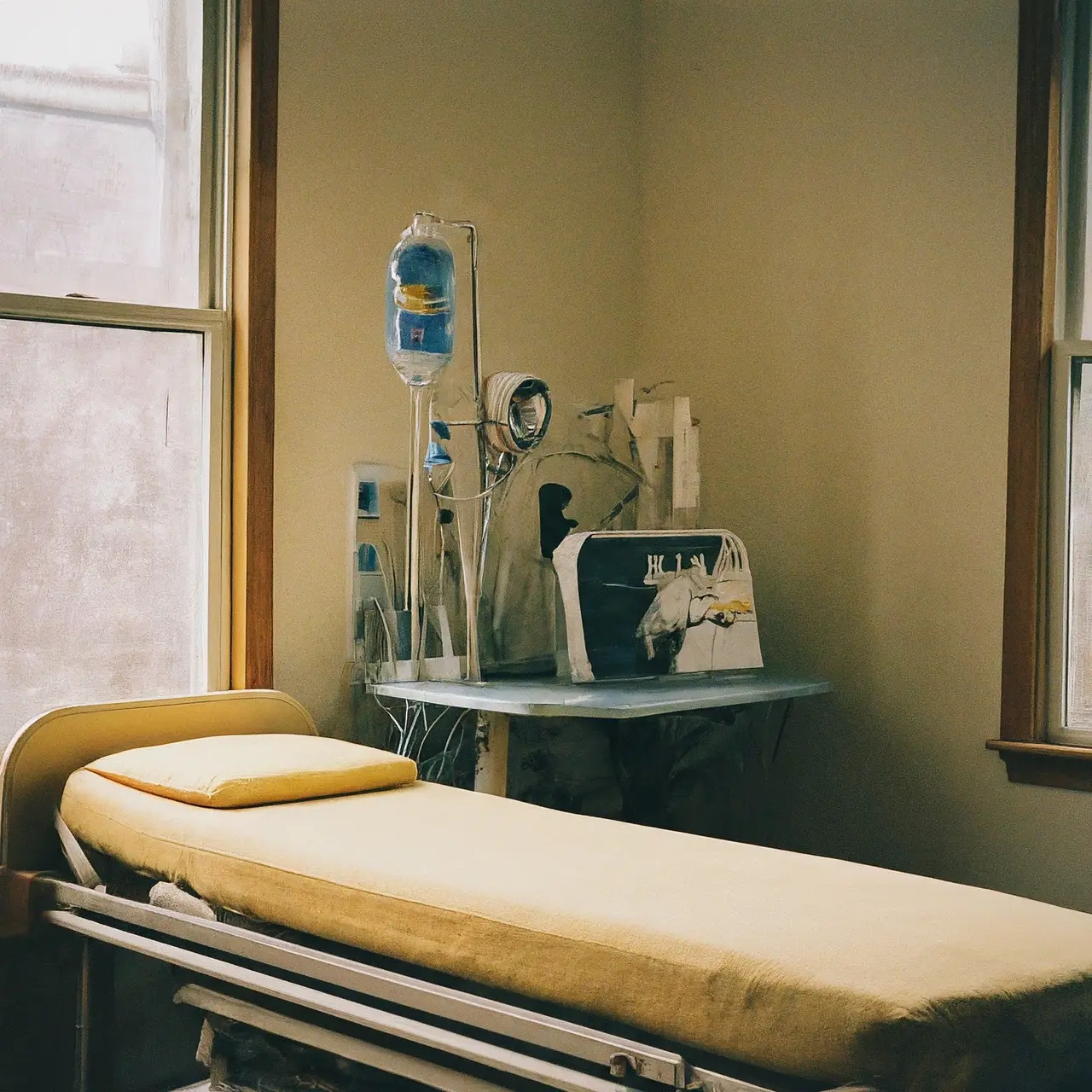 A comfortable home setting with medical equipment and a hospital bed. 35mm stock photo