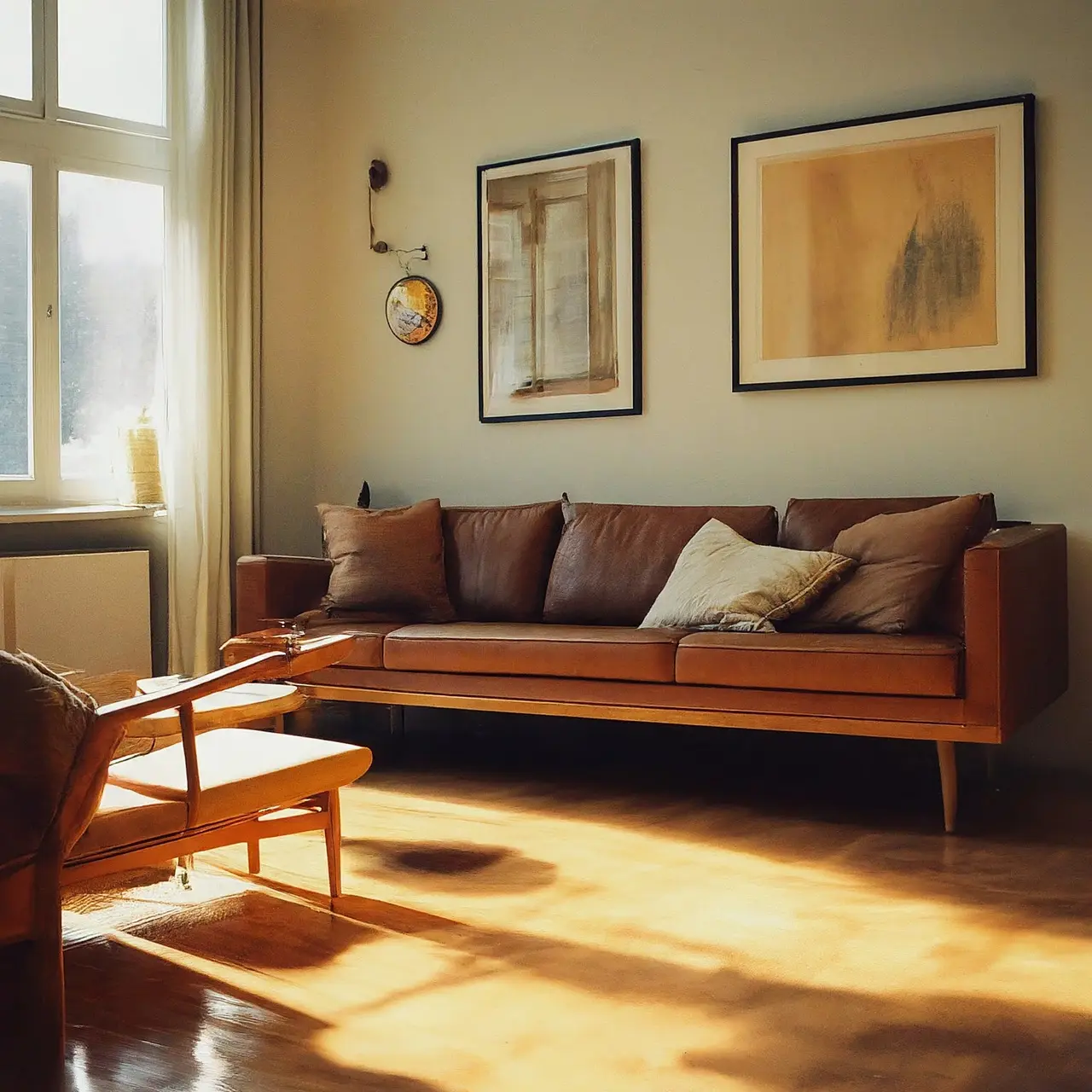 A spotless living room with sparkling floors and tidy furniture. 35mm stock photo