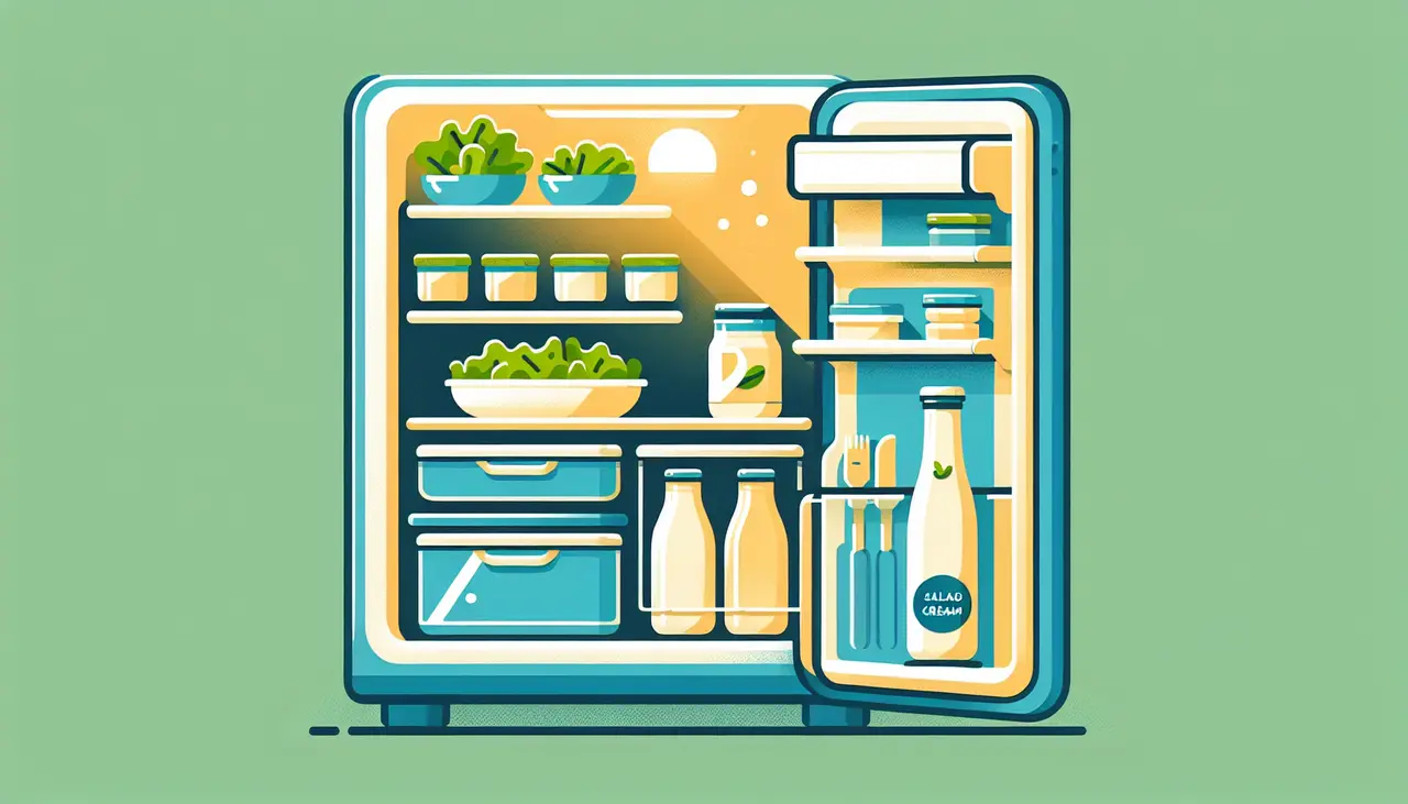 Draw a graphic in flat design style. A flat design illustration of a refrigerator with a salad cream bottle on the shelf, emphasizing organization and freshness.