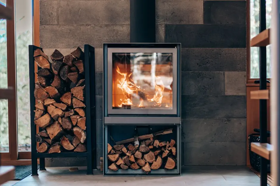 A contemporary indoor fireplace with stacked firewood creating a warm and inviting atmosphere.