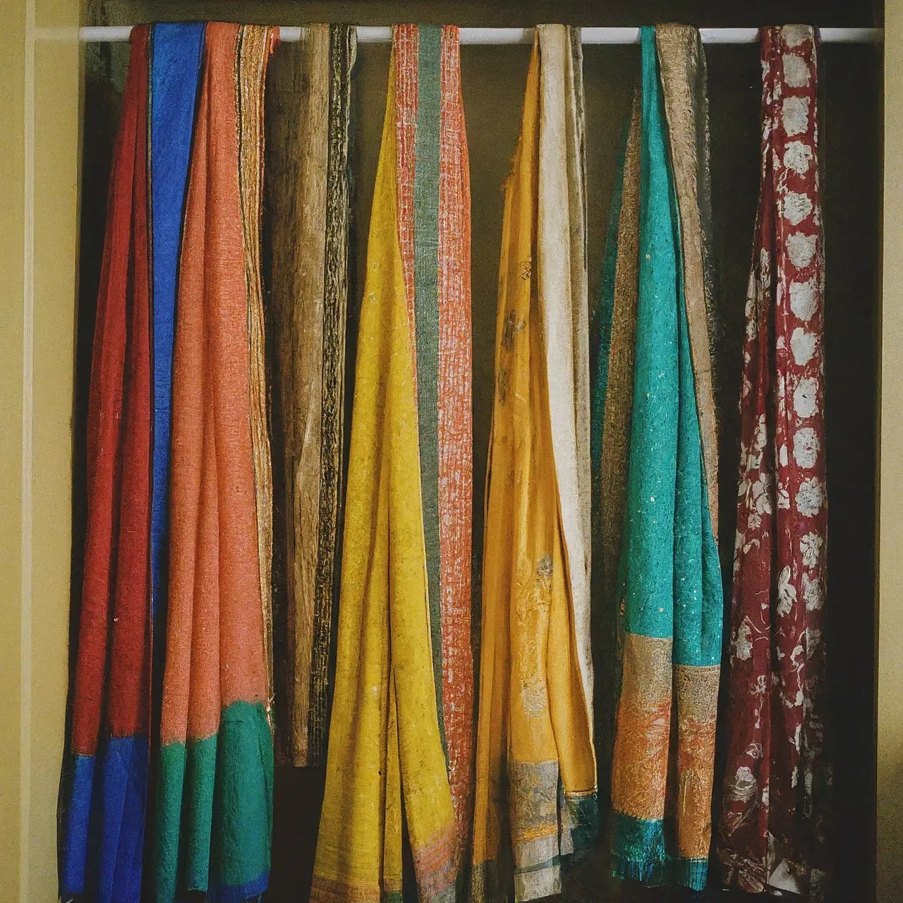 A closet showcasing various colorful, intricately designed sarees neatly hanging. 35mm stock photo