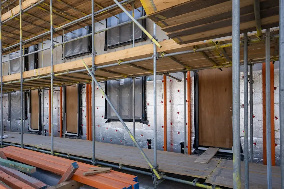 Scaffolding at a residential building under construction with windows and insulation sheets visible.