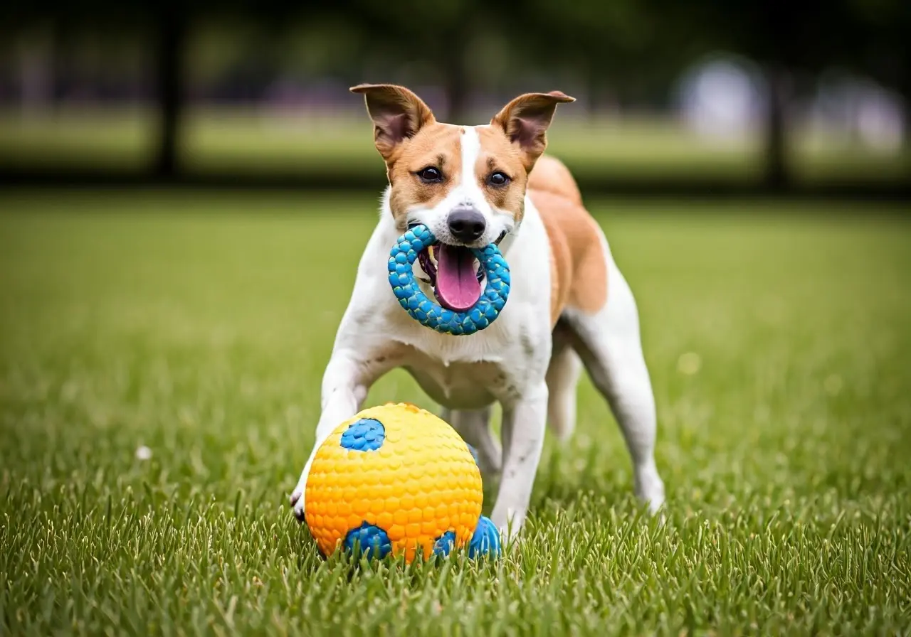 Playful dog with colorful training toys in a park. 35mm stock photo