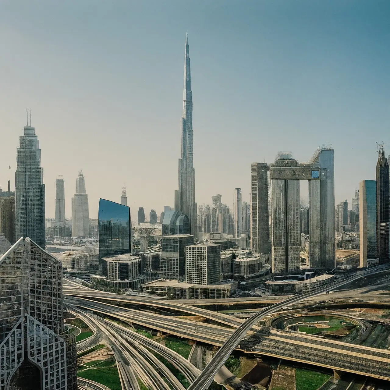 Skyline of Dubai with modern buildings and Meeras projects. 35mm stock photo