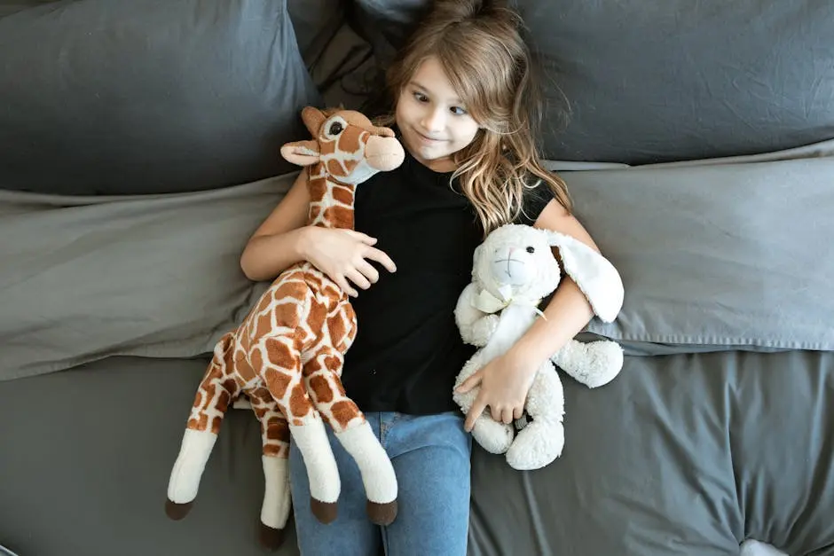 A Girl Hugging Her Plush Toys while Lying Down in Bed