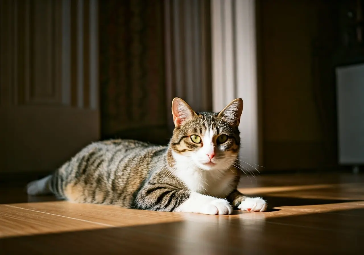 A content cat lounging in a sunlit living room. 35mm stock photo