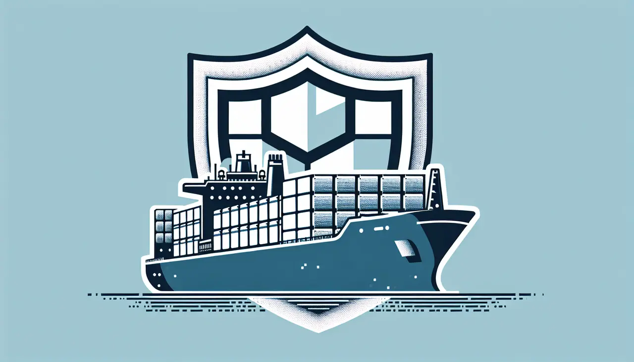 Draw a graphic in flat design style. A flat design of a cargo ship with a shield icon overlayed on it, representing protection.