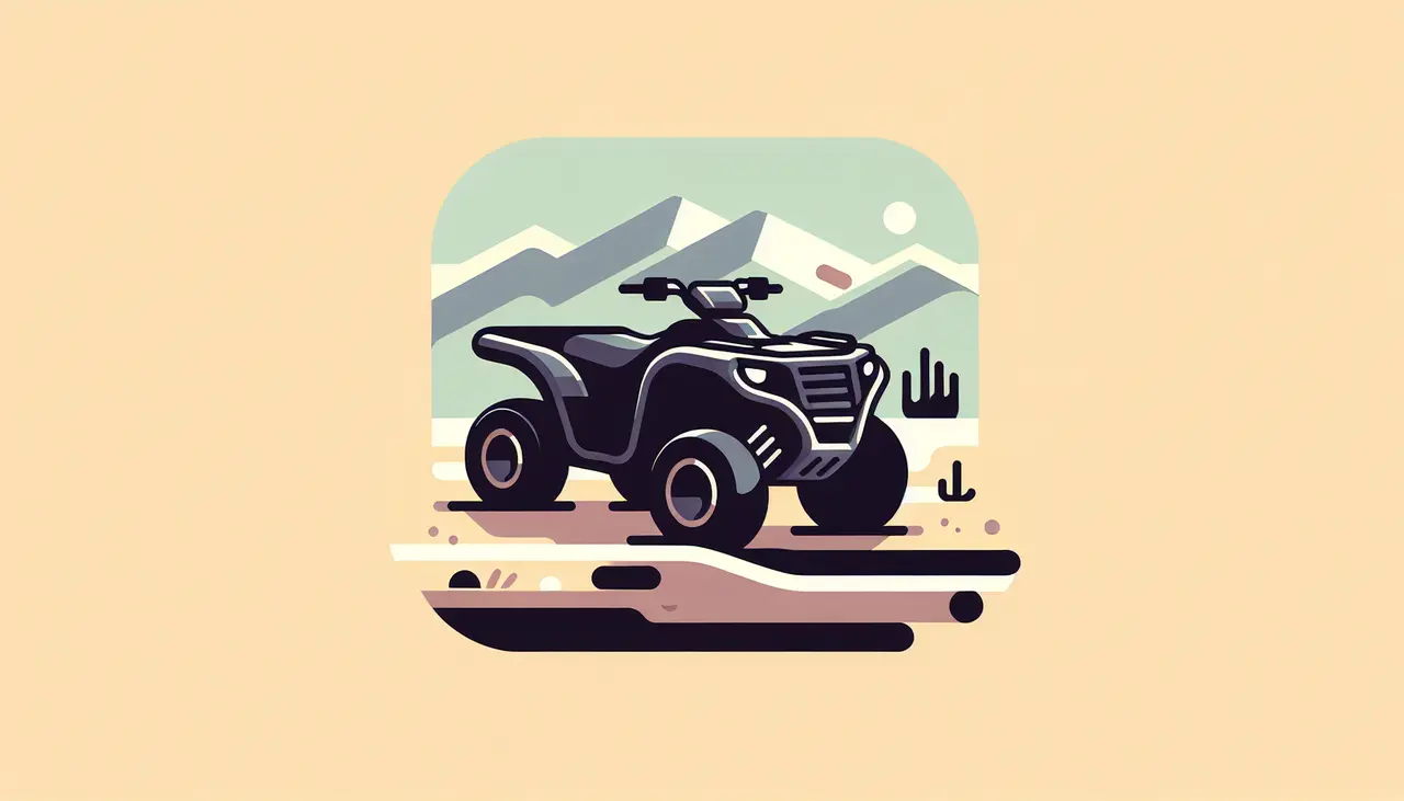 Draw a graphic in flat design style. A sleek ATV with a clearly visible air filter amidst a simple, outdoor terrain backdrop.