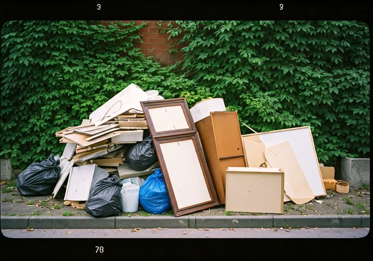 A pile of discarded furniture and trash on a curb. 35mm stock photo