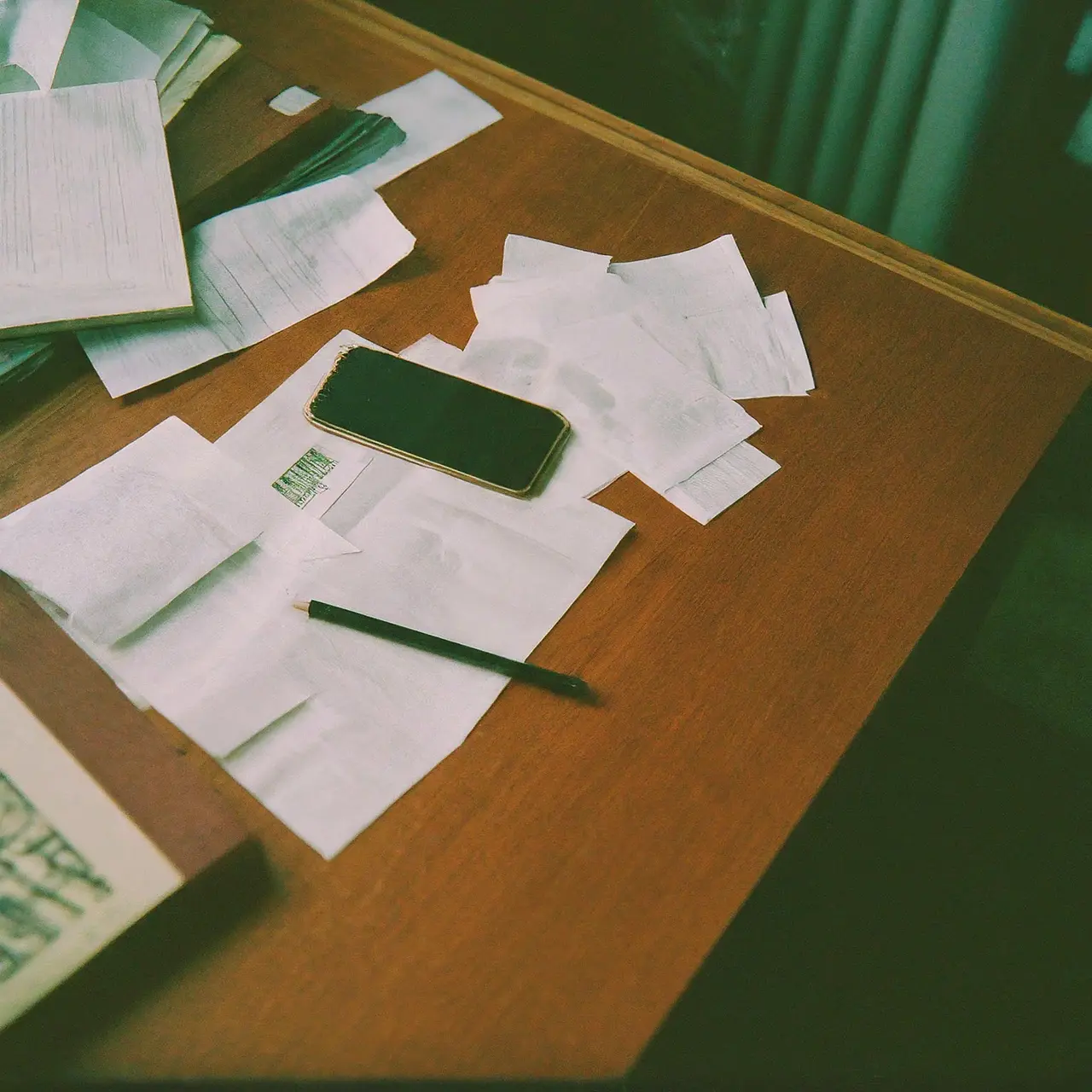 A cluttered desk with scattered receipts and a mobile phone. 35mm stock photo