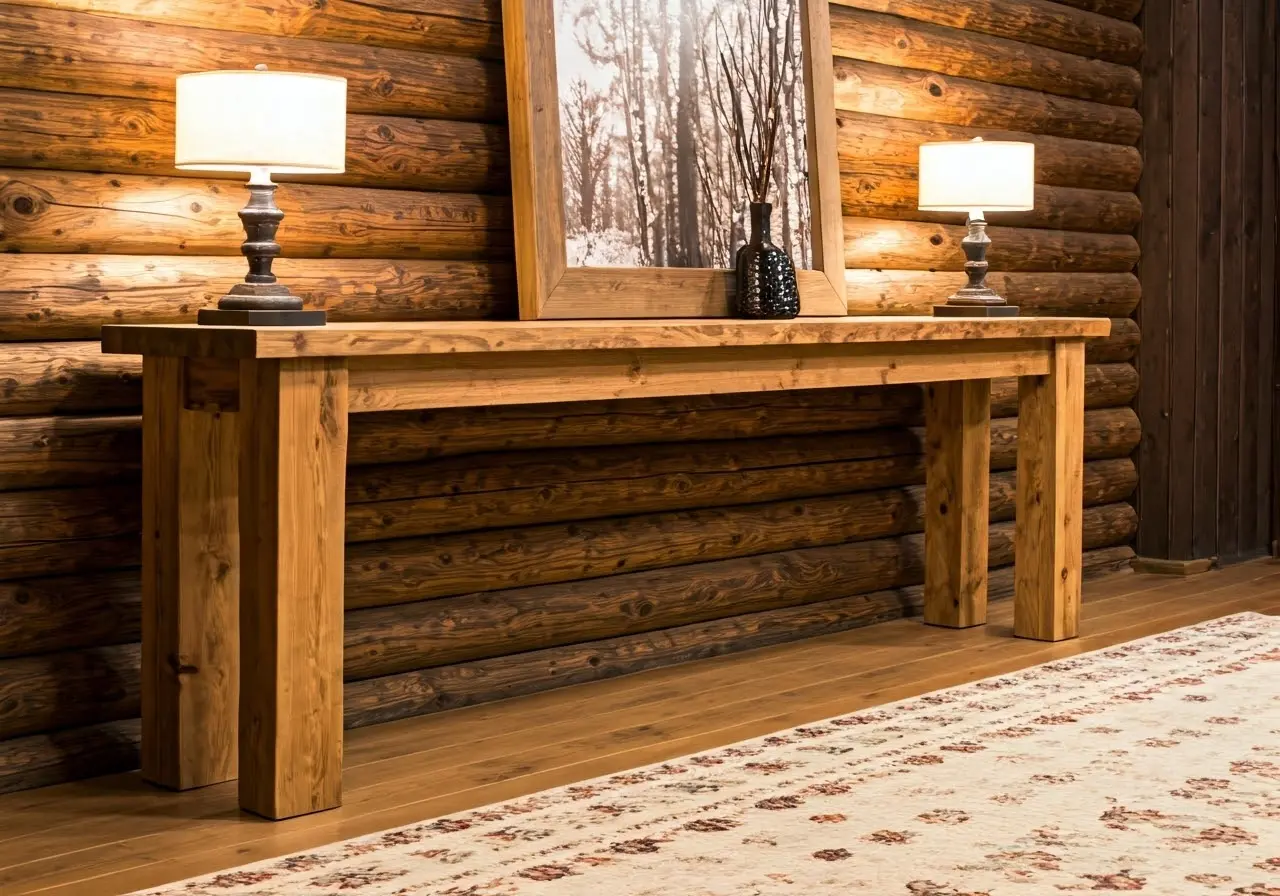 A solid wood console table in a rustic living room. 35mm stock photo