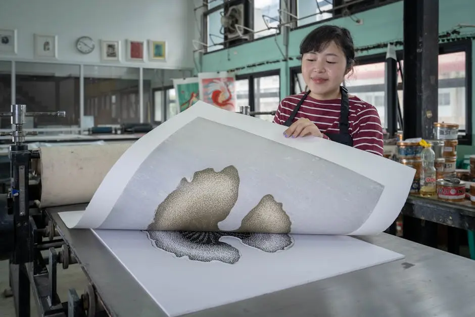 Woman Working in Printing Workshop