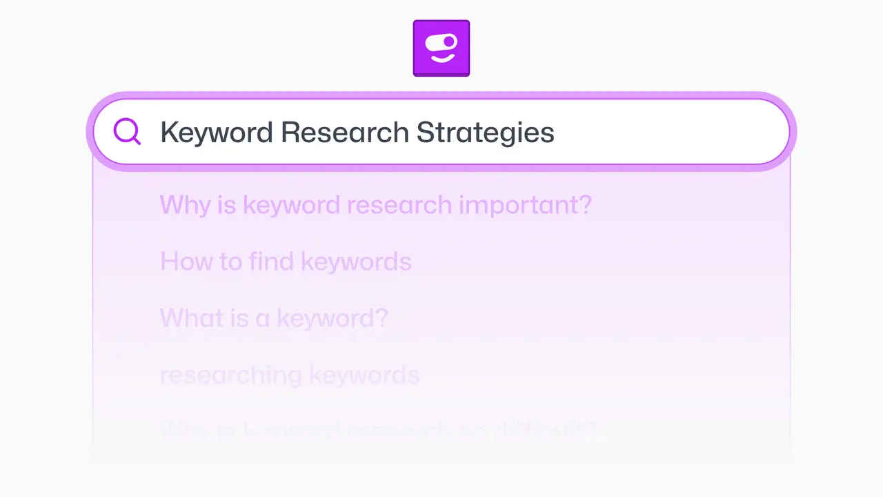 a graphic depicting the term: ‘keyword research strategies’ within a search bar, with similar concepts suggested.