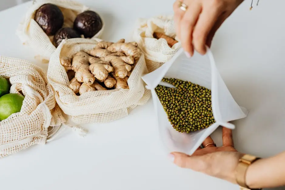 Hands organizing eco-friendly bags filled with fresh ginger, limes, avocados, and mung beans on a white surface.