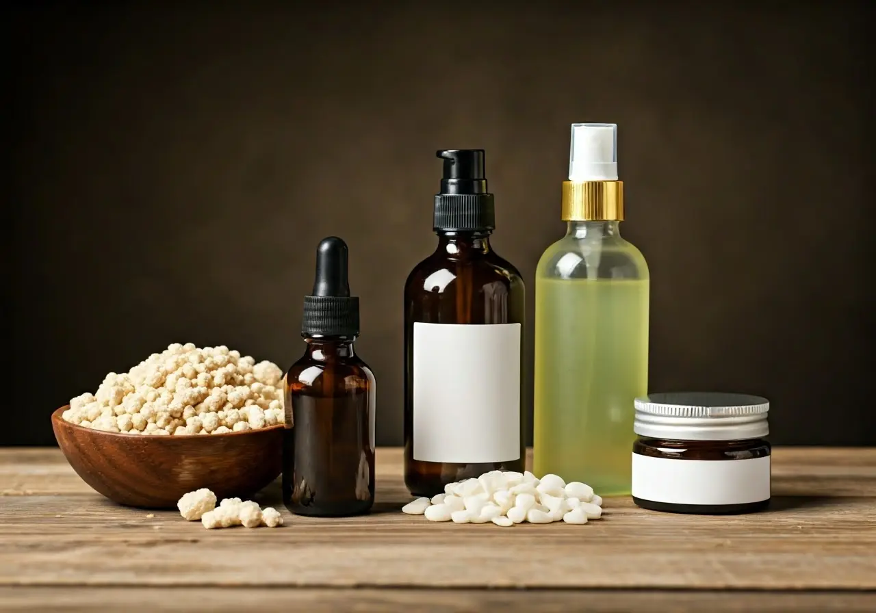 Assorted organic skincare products with natural ingredients on a table. 35mm stock photo