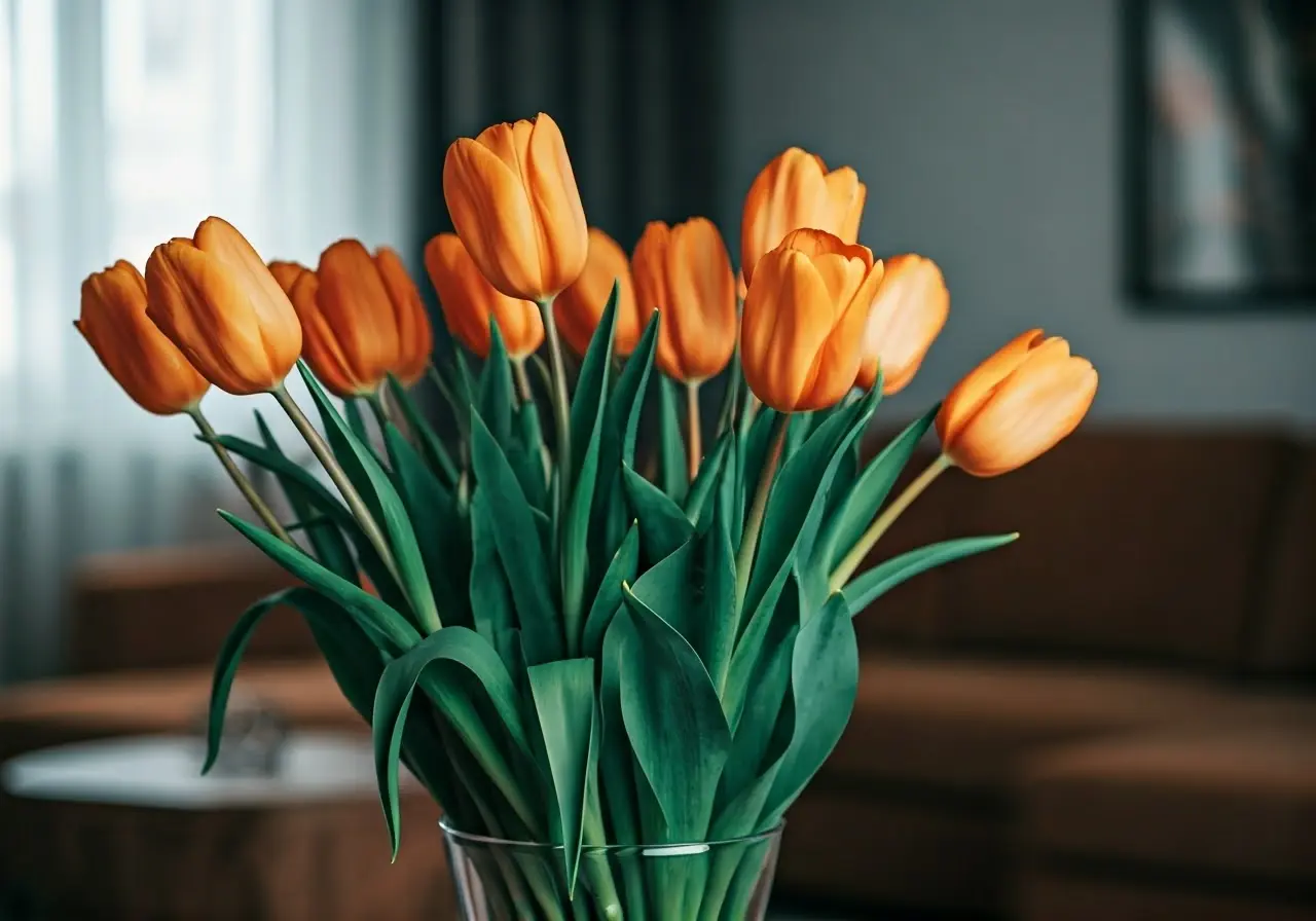 A vibrant bouquet of tulips in a minimalist living room. 35mm stock photo