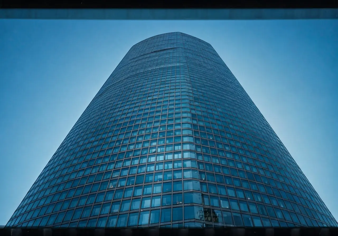 A sparkling glass building under a clear blue sky. 35mm stock photo