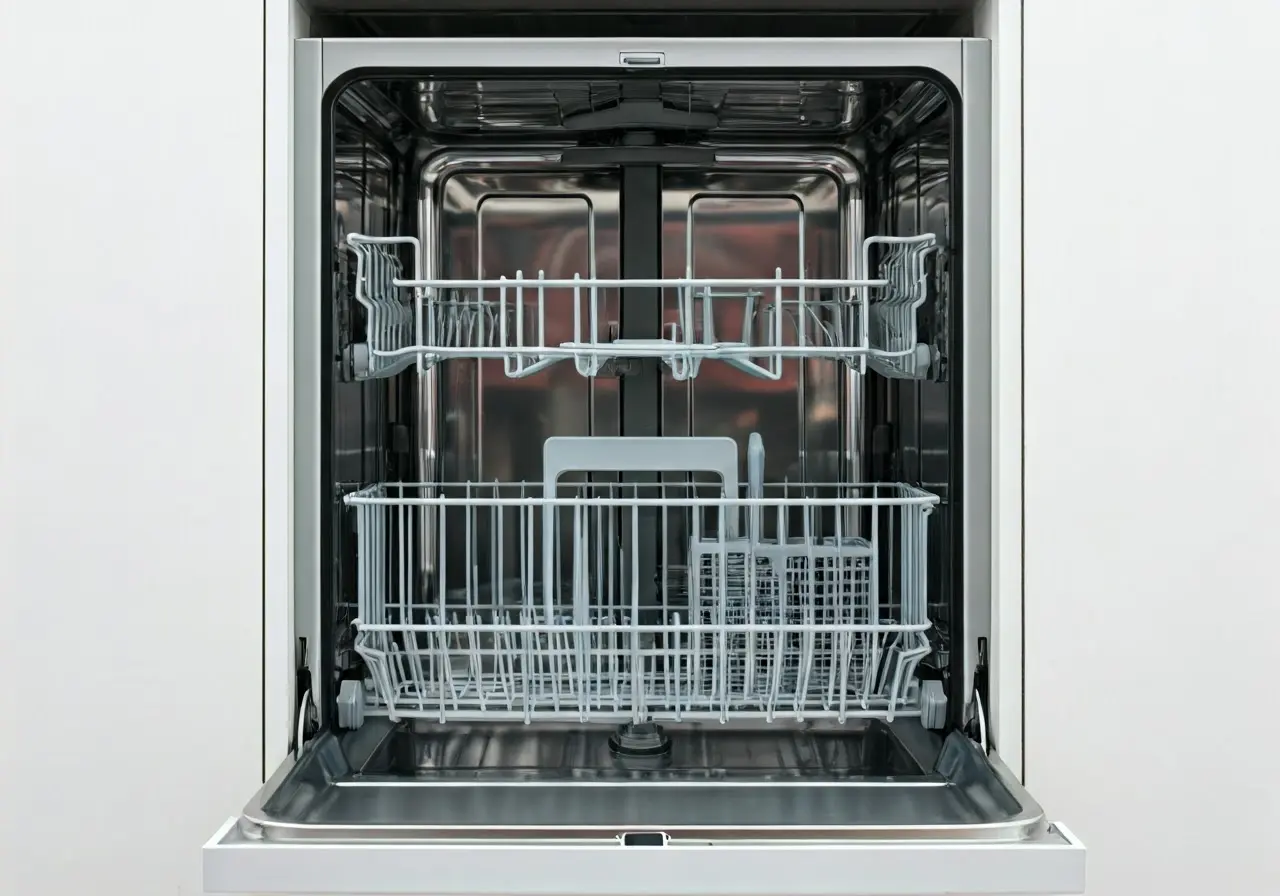 A dishwasher with standing water inside. 35mm stock photo