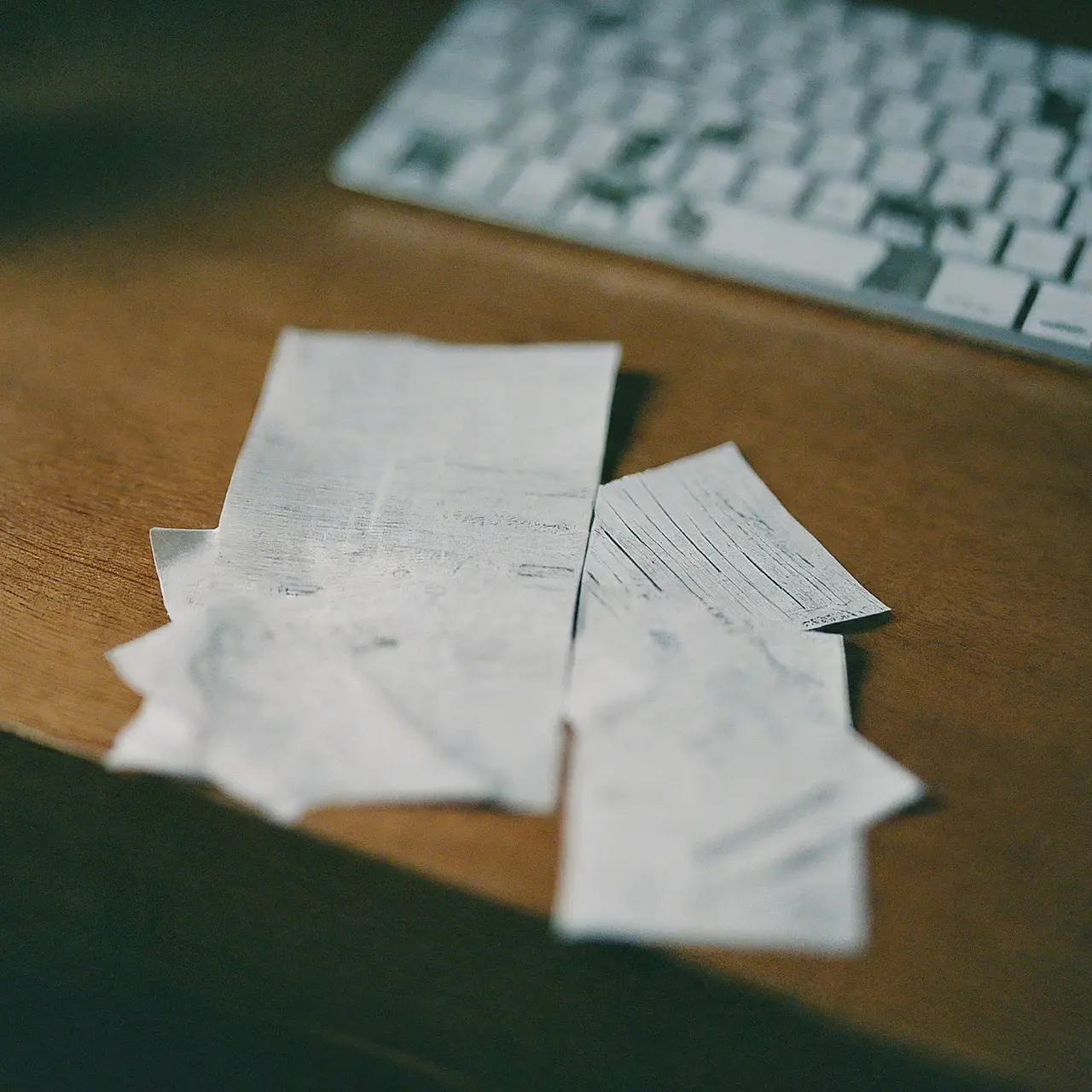 Piles of paper receipts scattered across a sleek desk. 35mm stock photo