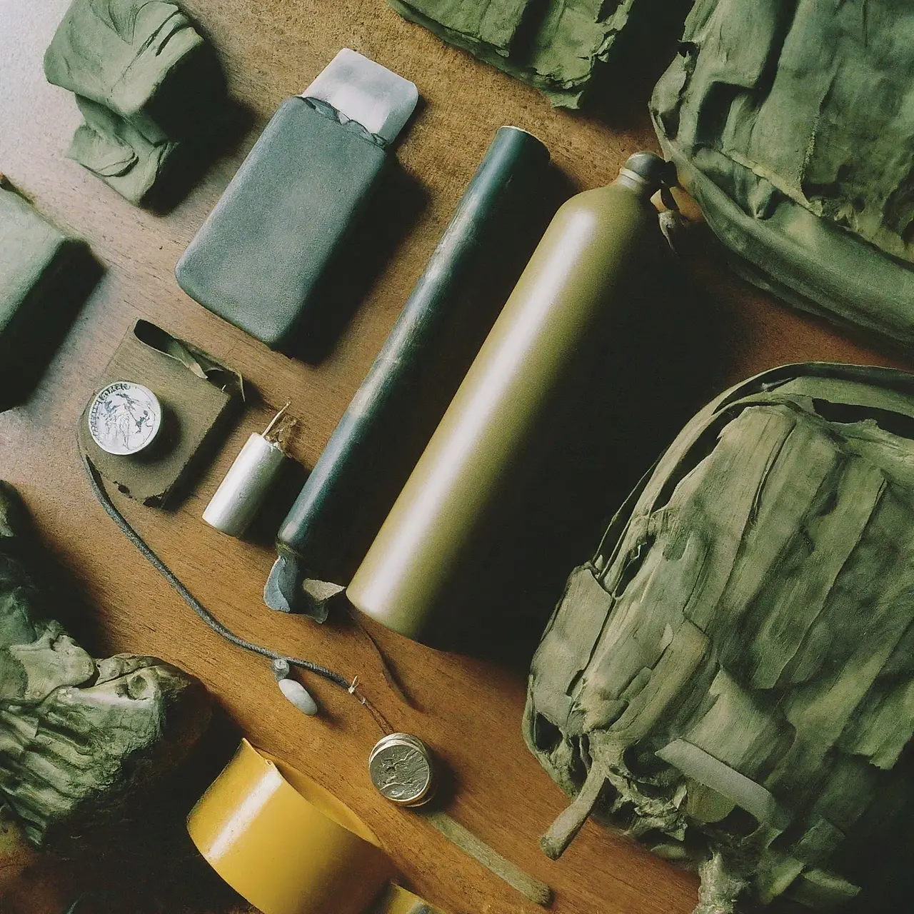 Military gear and emergency equipment laid out neatly. 35mm stock photo