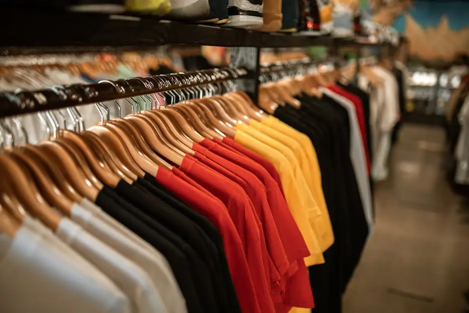 Clothing store display with shirts hanging neatly on a rack indoors.