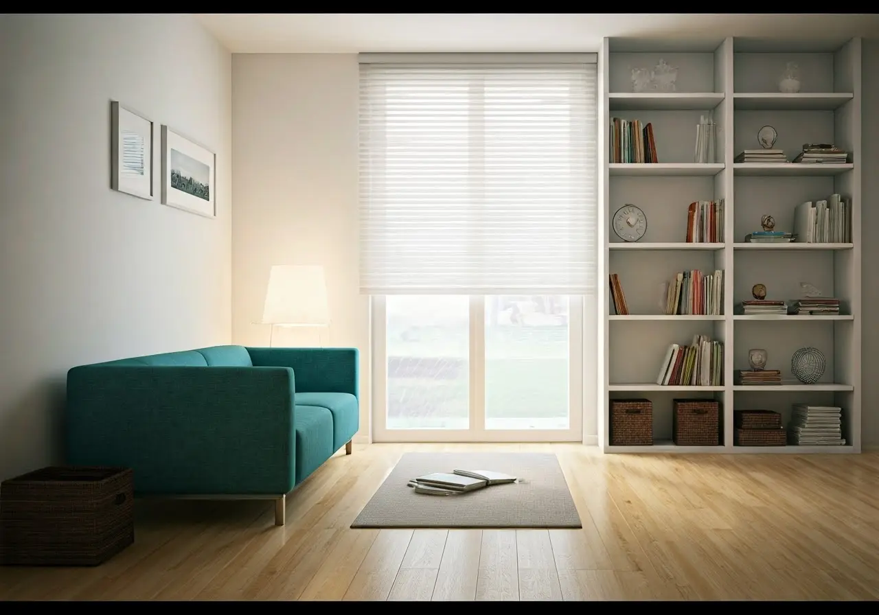 A tidy living room with clutter-free shelves and bright lighting. 35mm stock photo