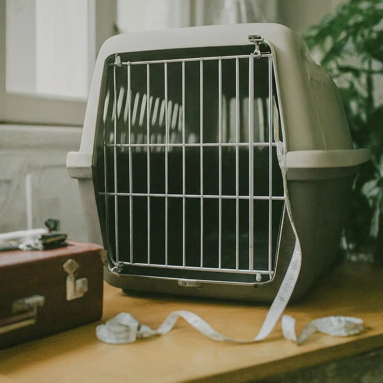 A dog crate next to a measuring tape and suitcase. 35mm stock photo