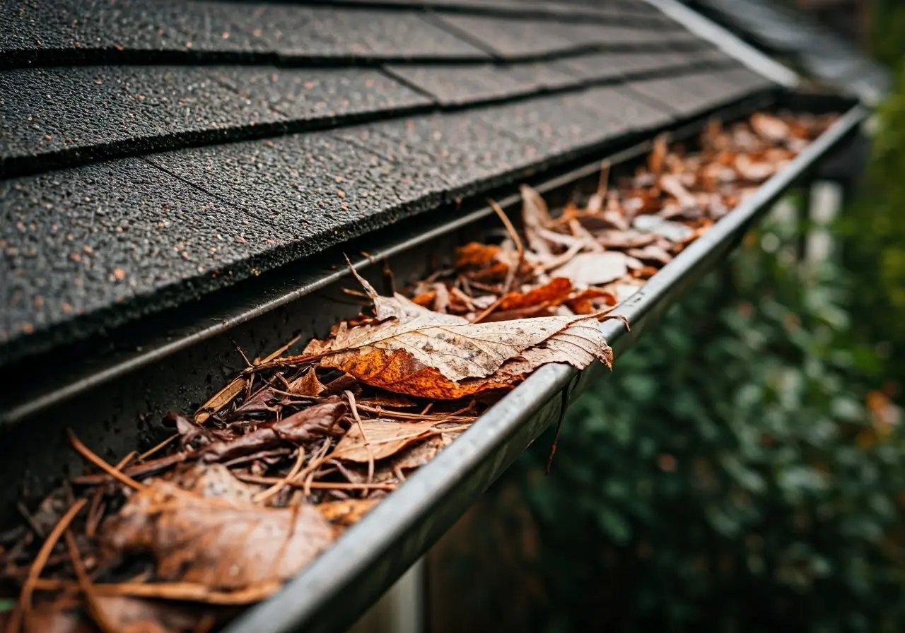 A close-up of clogged gutters with leaves and debris. 35mm stock photo