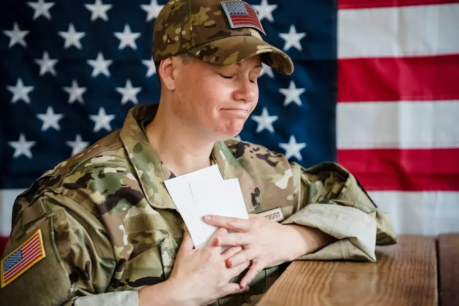 A soldier in uniform holds envelopes emotionally in front of an American flag background.