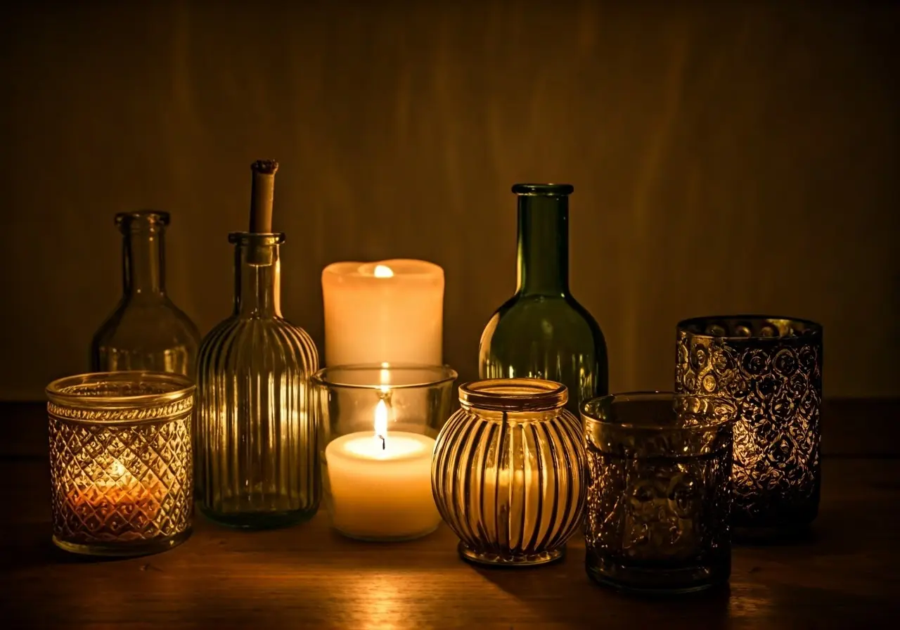 A variety of decorative candles on a cozy table. 35mm stock photo