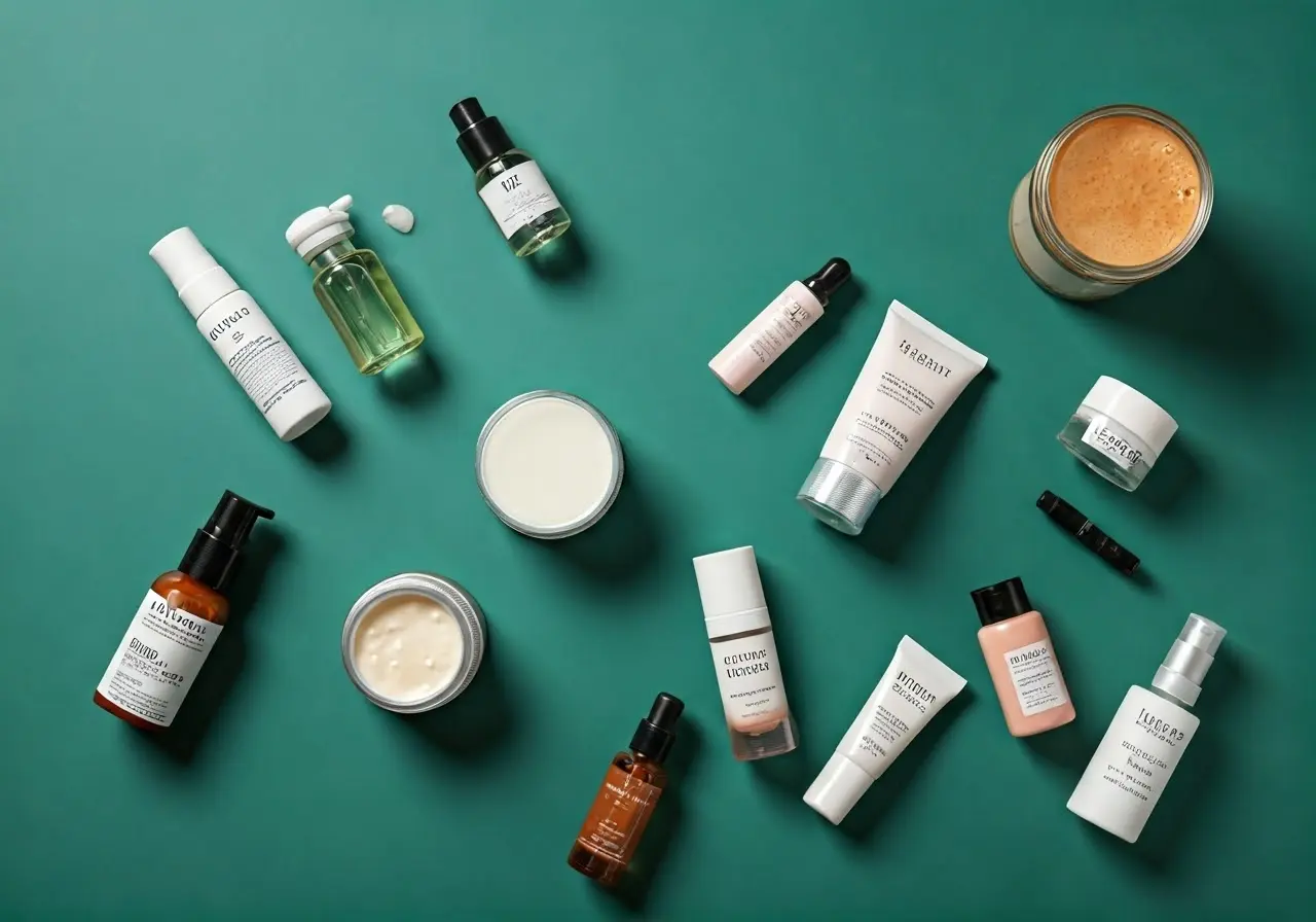 A flat lay of various skincare products on a countertop. 35mm stock photo