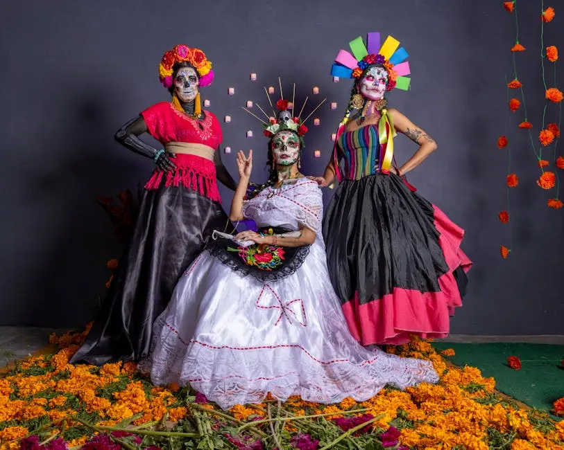 Three women dressed in traditional mexican costumes