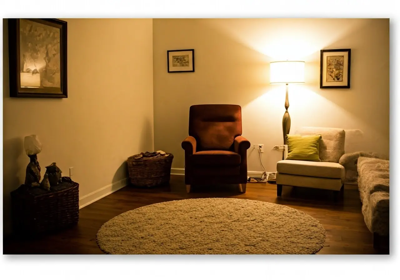 A serene therapist’s office with soothing colors and decor. 35mm stock photo