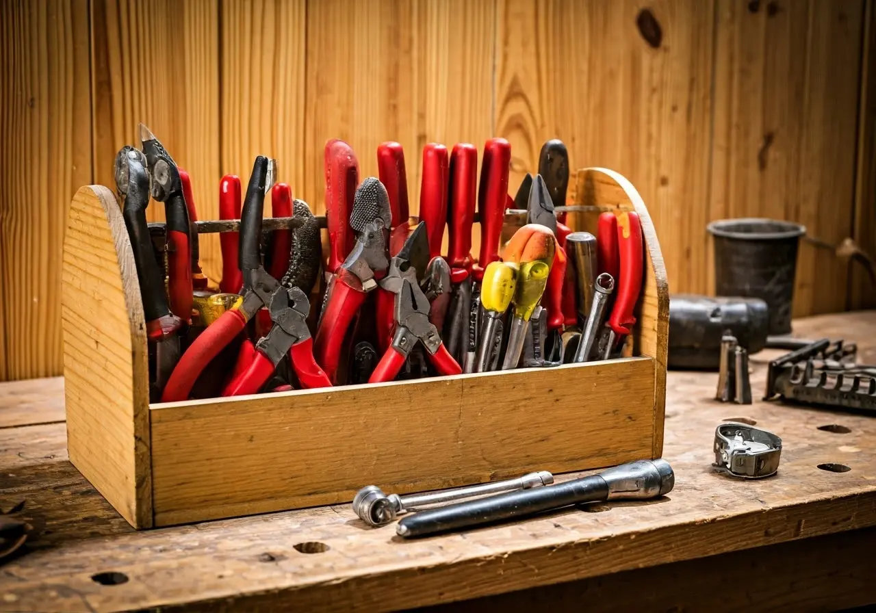 Toolbox filled with various hand tools on a wooden workbench. 35mm stock photo