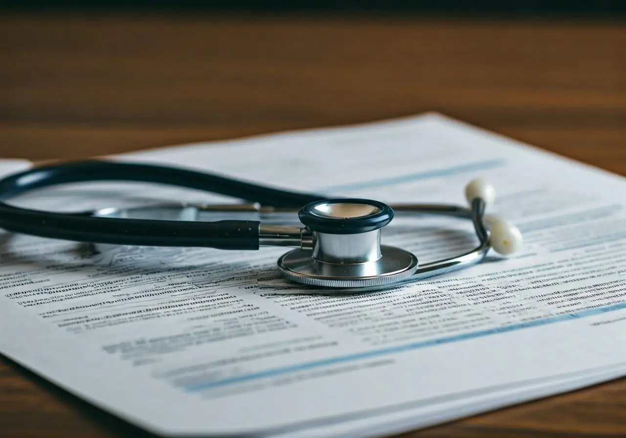 A stethoscope resting on a pile of insurance documents. 35mm stock photo