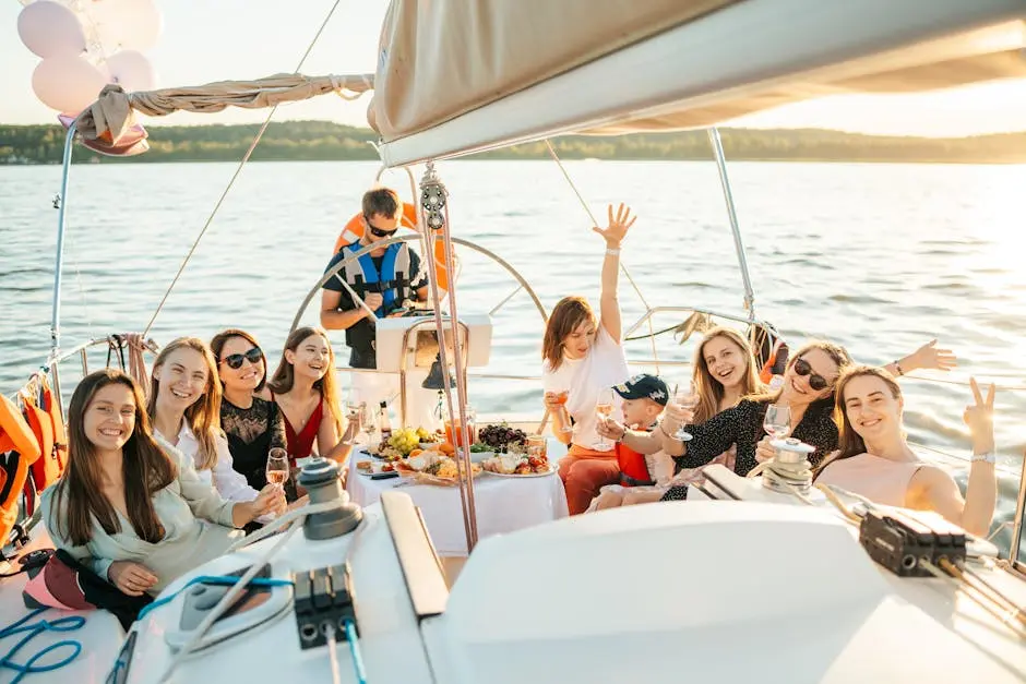 A cheerful group of friends enjoying a joyful summer celebration on a yacht, surrounded by sea and sun.