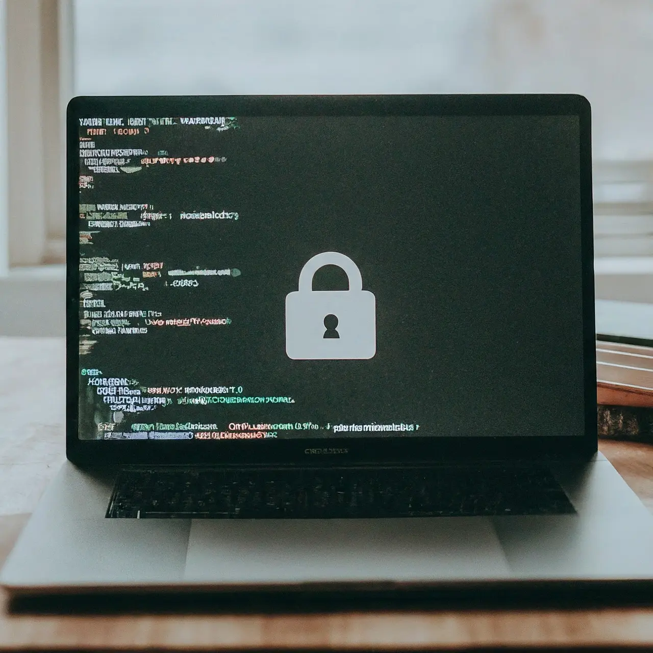 A laptop displaying a code screen with a padlock icon. 35mm stock photo